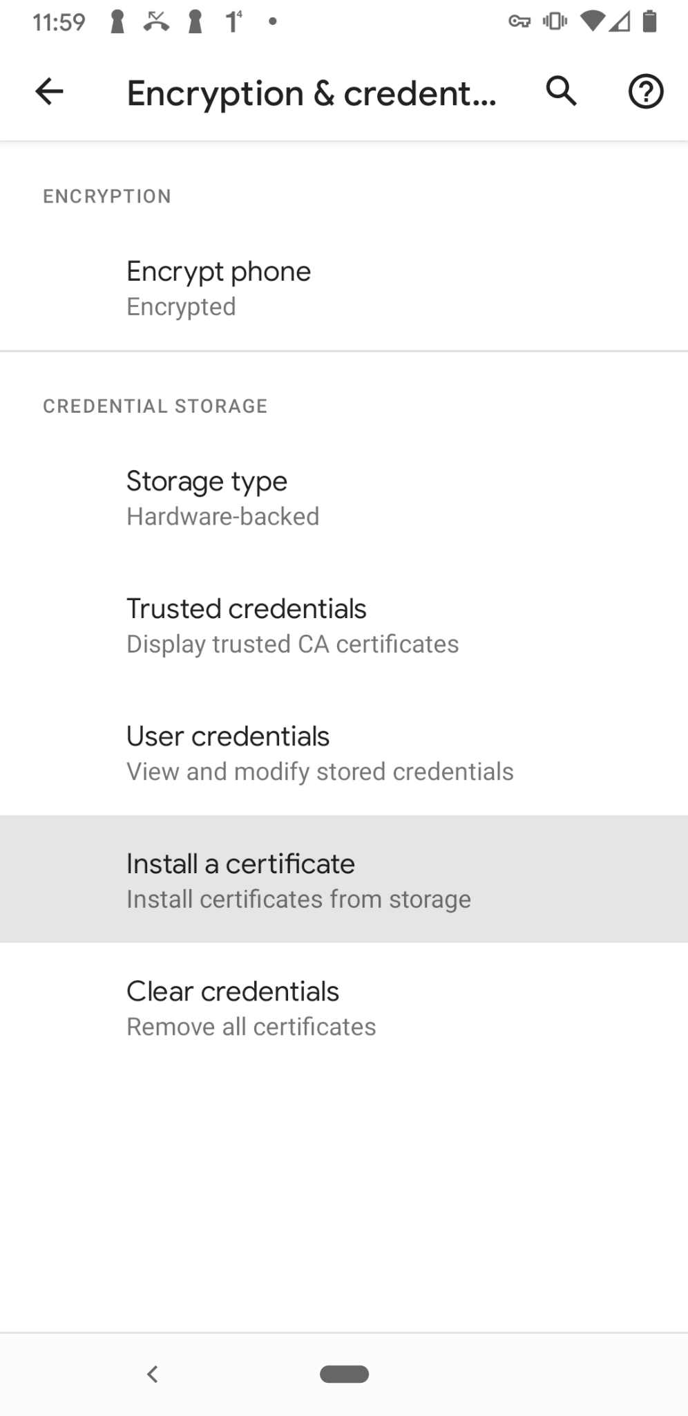 Android Encryption & credentials screen