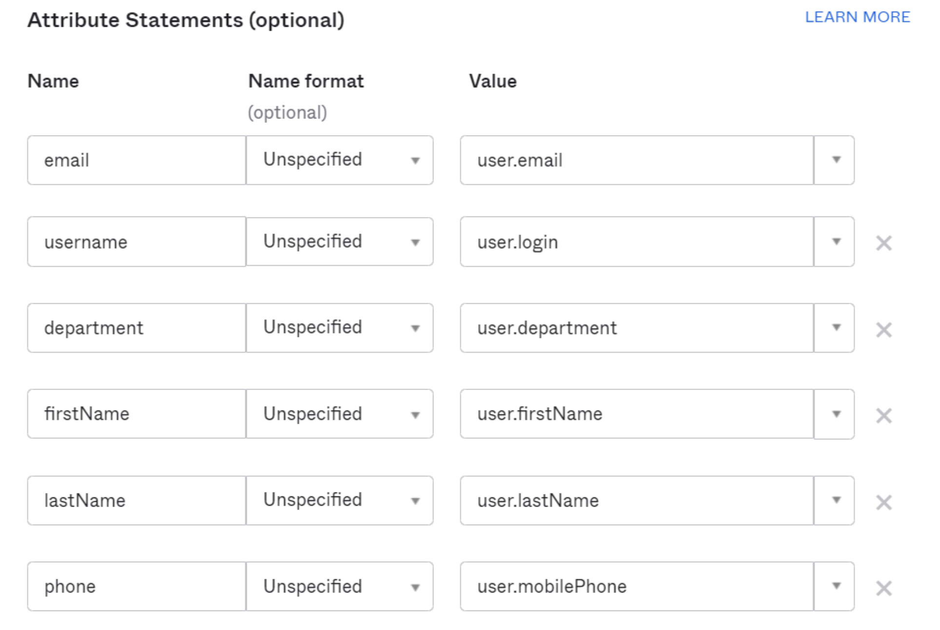 Example SAML dialog in Okta for attribute statements