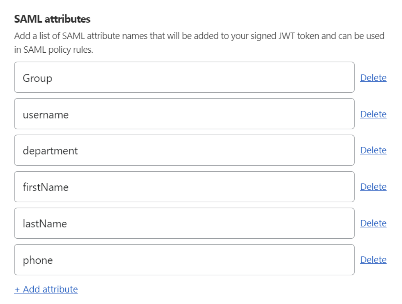 Example SAML dialog in Cloudflare for attributes