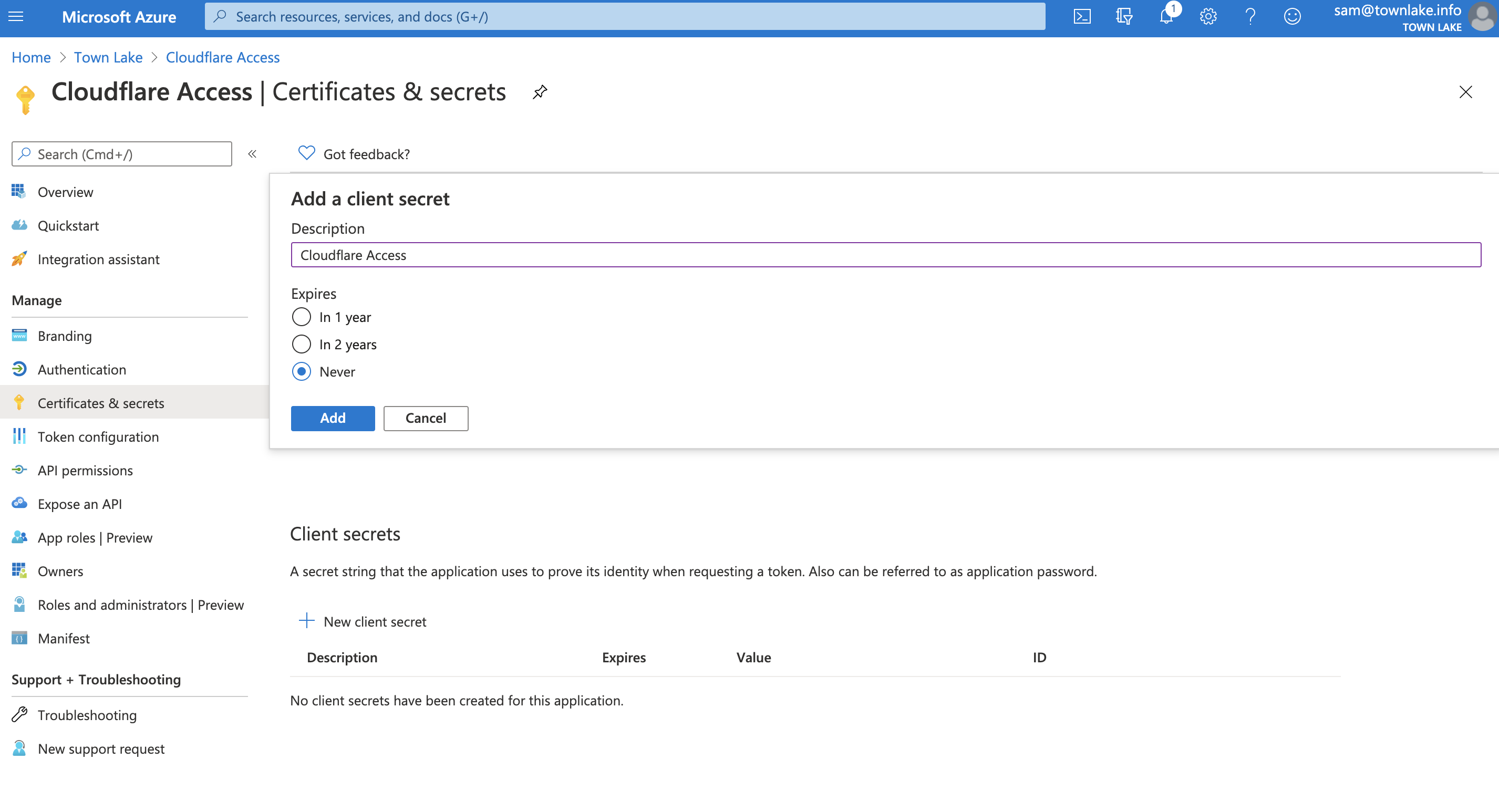 Adding a client secret in Azure