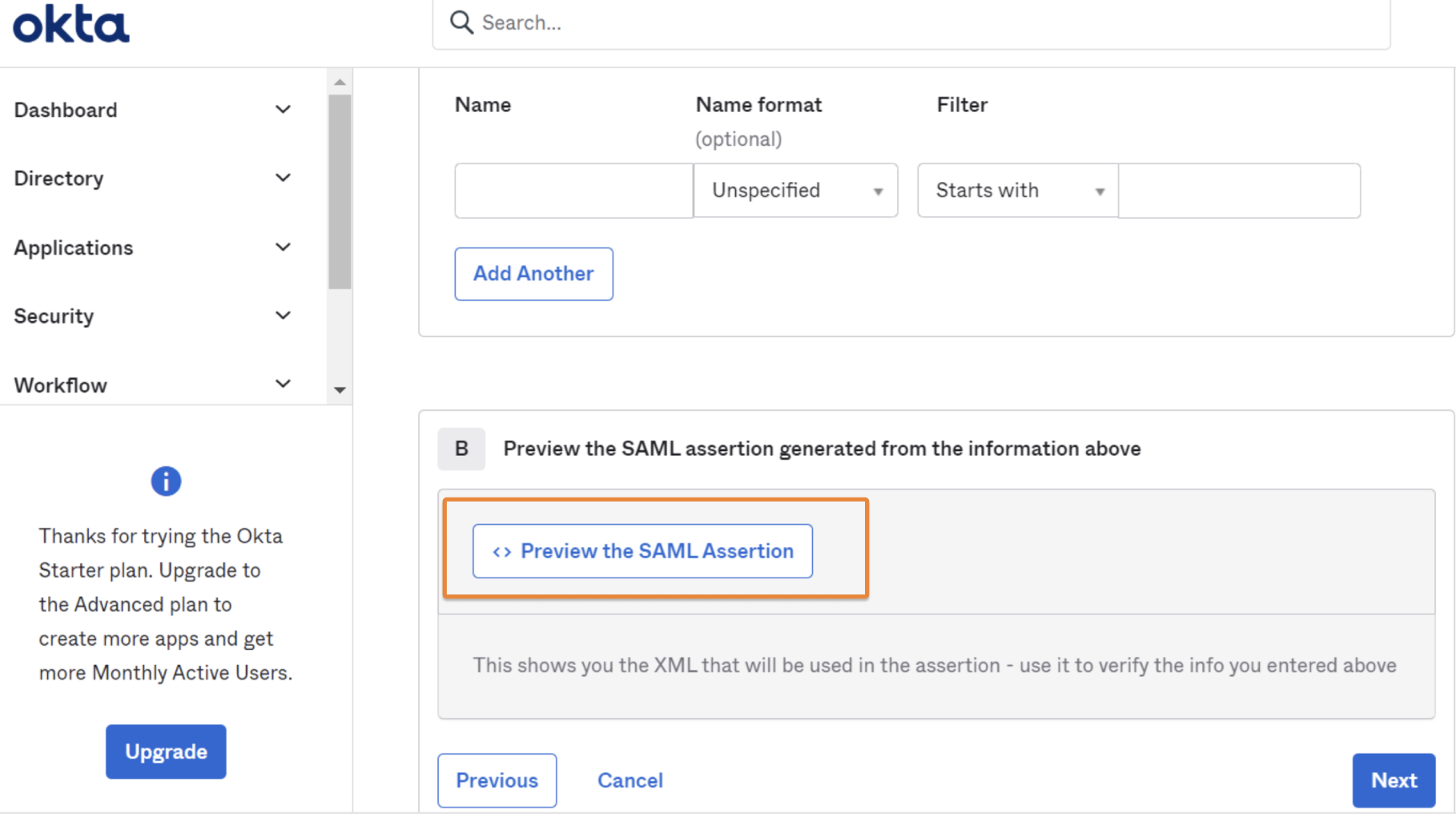 Example SAML dialog in Okta interface