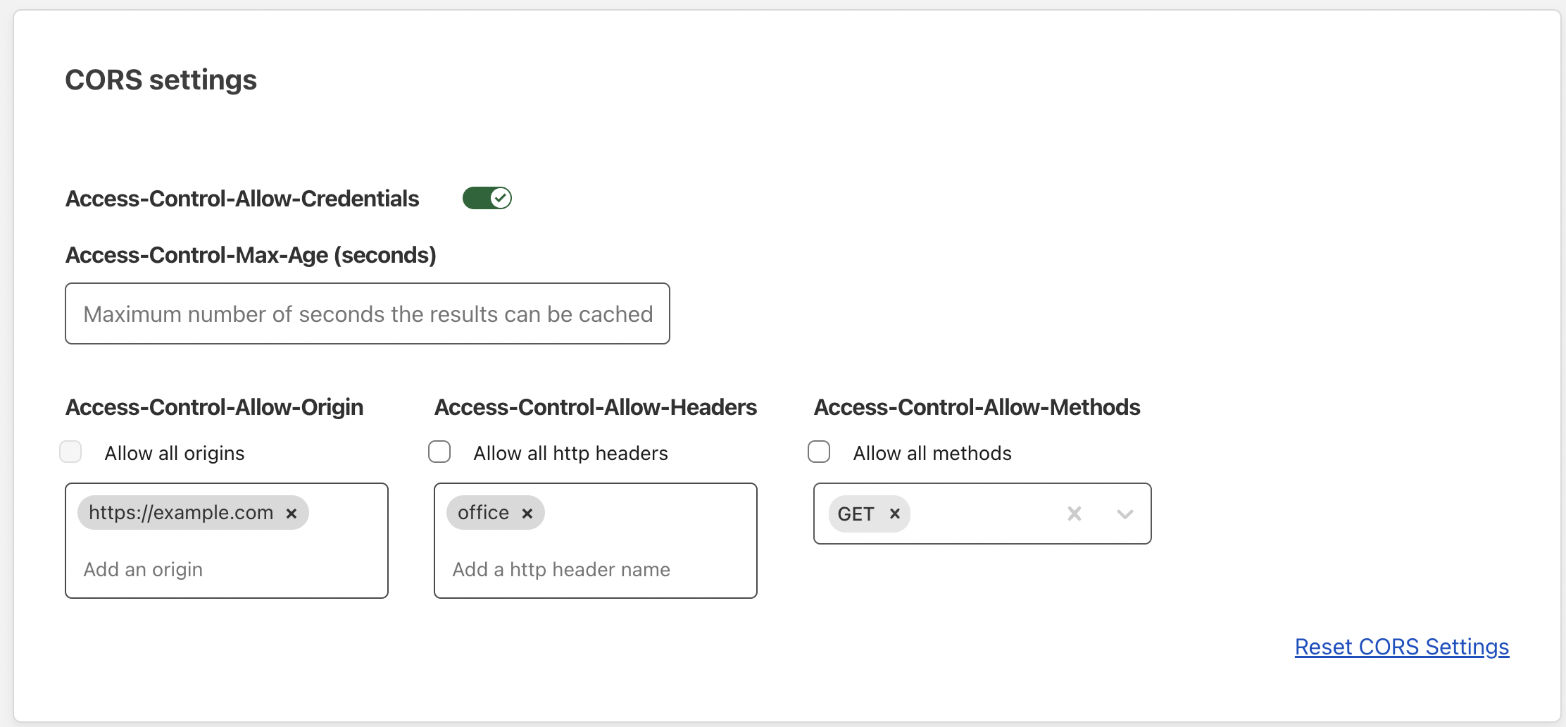 Example CORS settings configuration on the Zero Trust dashboard