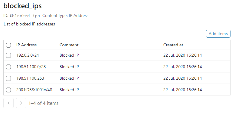 List interface in the Cloudflare dashboard displaying the ordered list items of an IP List