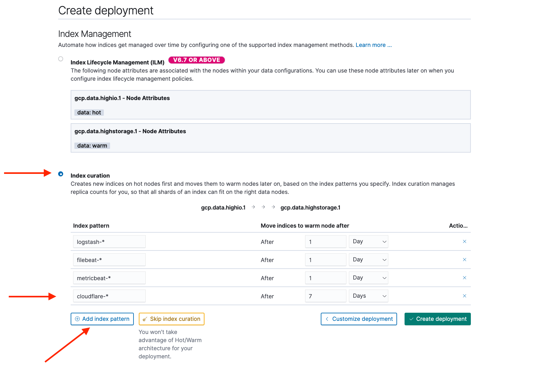 Adding an index pattern in the index curation section of the Index Management page