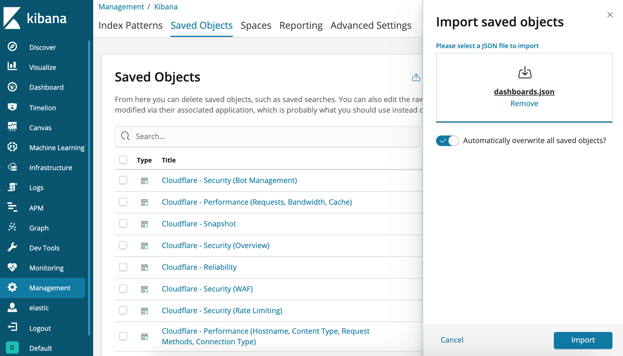 Importing Elastic Kibana saved objects