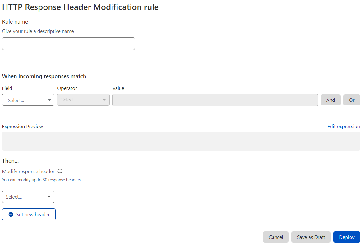 The HTTP Response Header Modification Rule creation page in the Cloudflare dashboard.