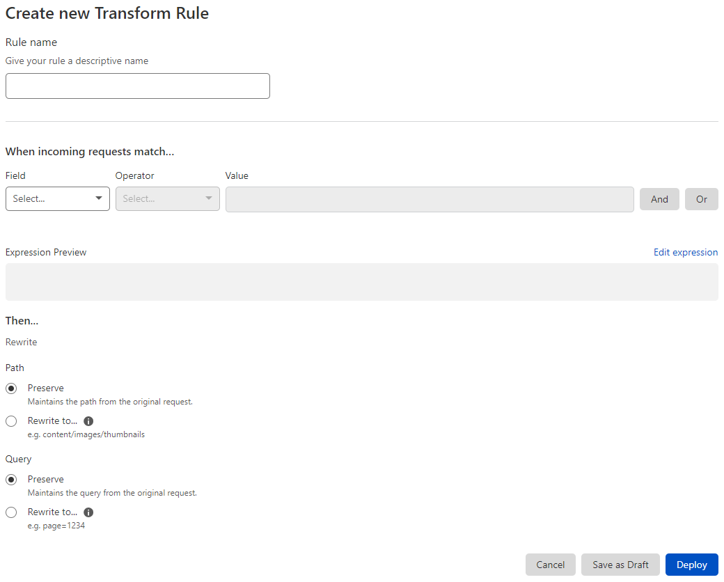 The URL Rewrite Rule creation page in the Cloudflare dashboard.