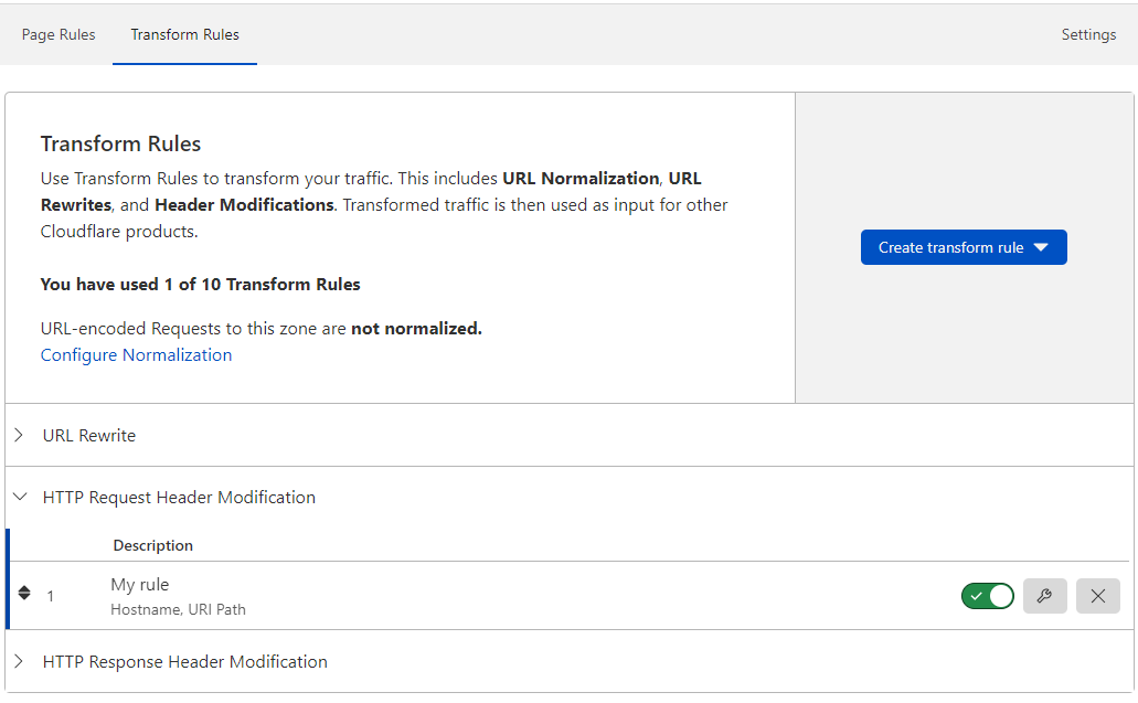 The Transform Rules tab in the Cloudflare dashboard