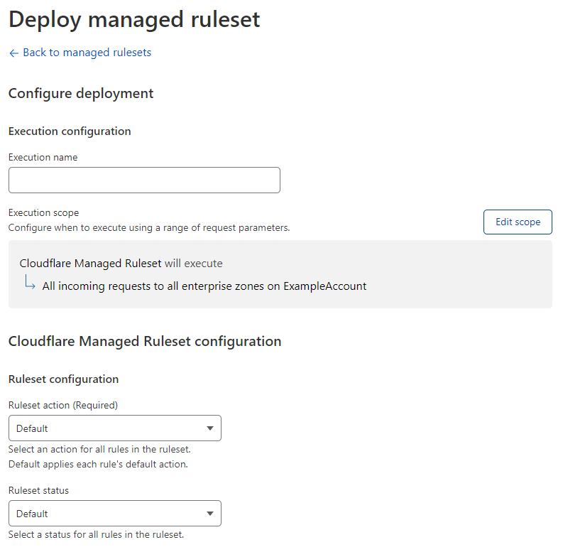 The Deploy Managed Ruleset page displaying the available options to override all the rules in the ruleset. In the displayed Managed Ruleset you can override the ruleset action.