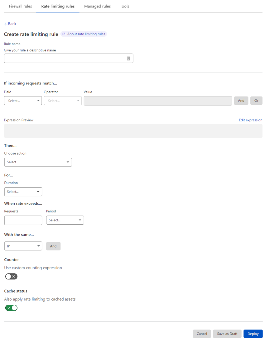 The Create rate limiting rule page in the Cloudflare dashboard