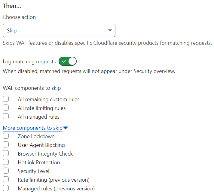 Available Skip action options when configuring a custom rule