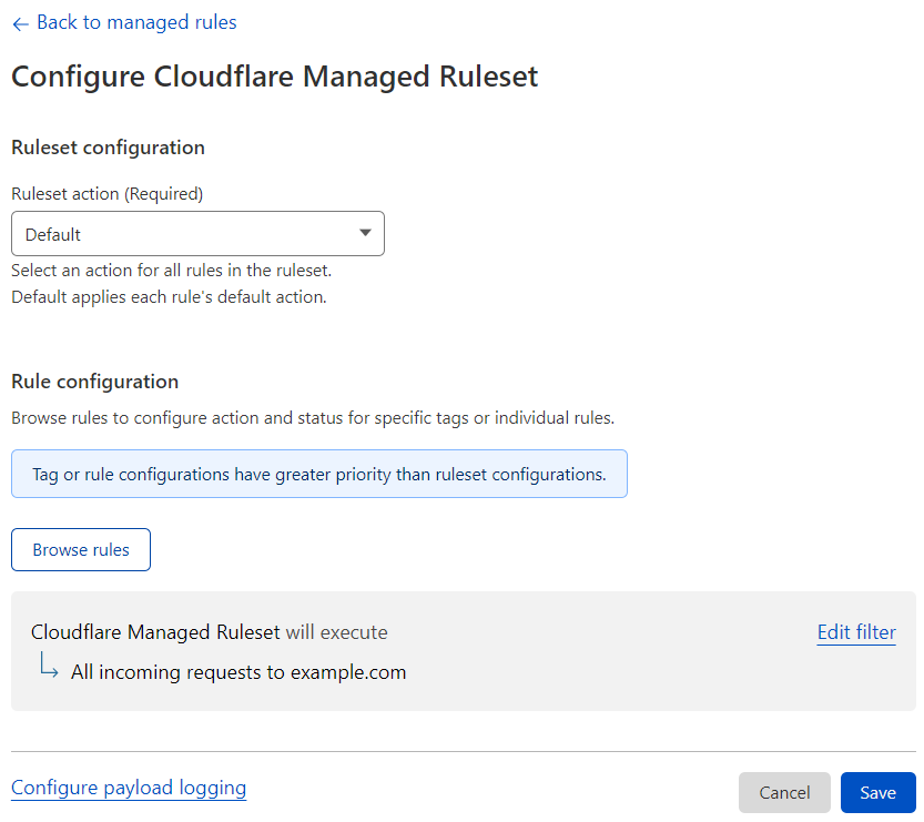 The Configure Managed Ruleset page displaying the available options to override all the rules in the ruleset. In the displayed Managed Ruleset you can override the ruleset action.