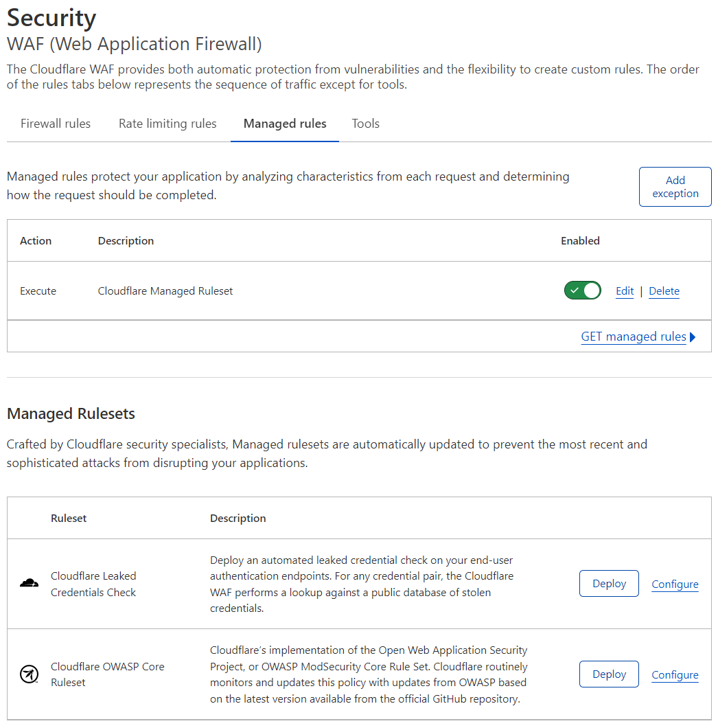 Example Managed Rules configuration in the Managed rules tab under Security > WAF. There is a configured rule for executing the Cloudflare Managed Ruleset, and there are two Managed Rulesets available for deployment.