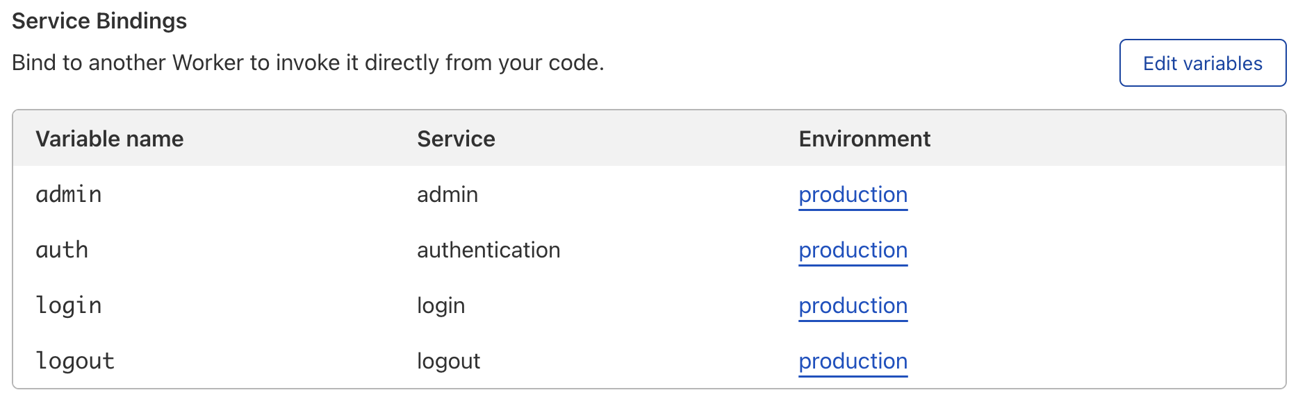 To configure a Service binding, go to your Worker > Settings > Variables and follow the steps above