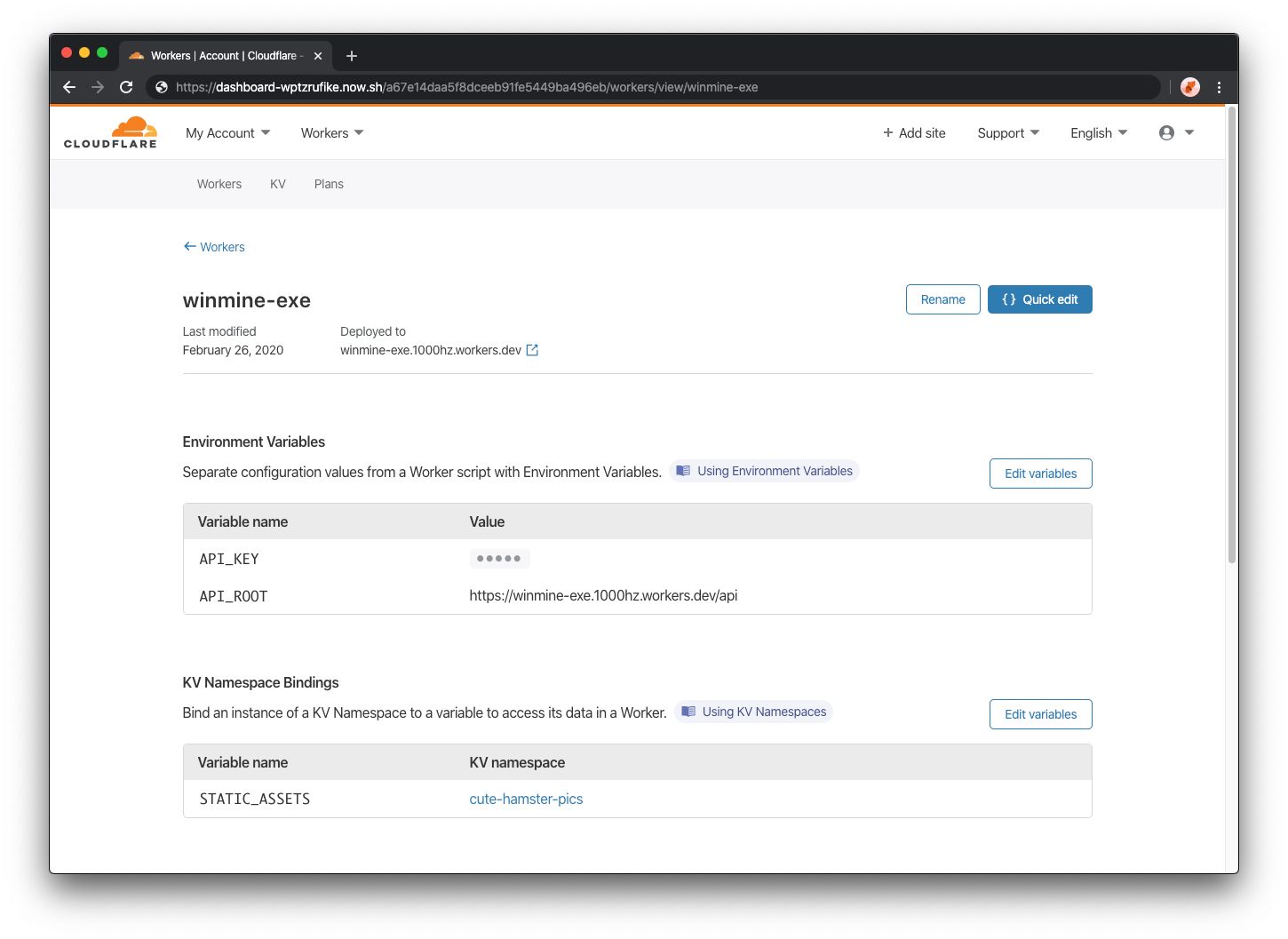 After creating your environment variable and KV namespace binding, your dashboard will show a summary of variables and bindings you configured