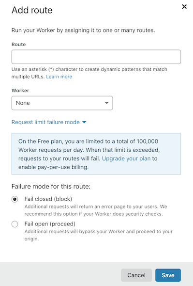 After selecting Add route, you will be asked to input a route pattern and specify a Worker to assign to that route