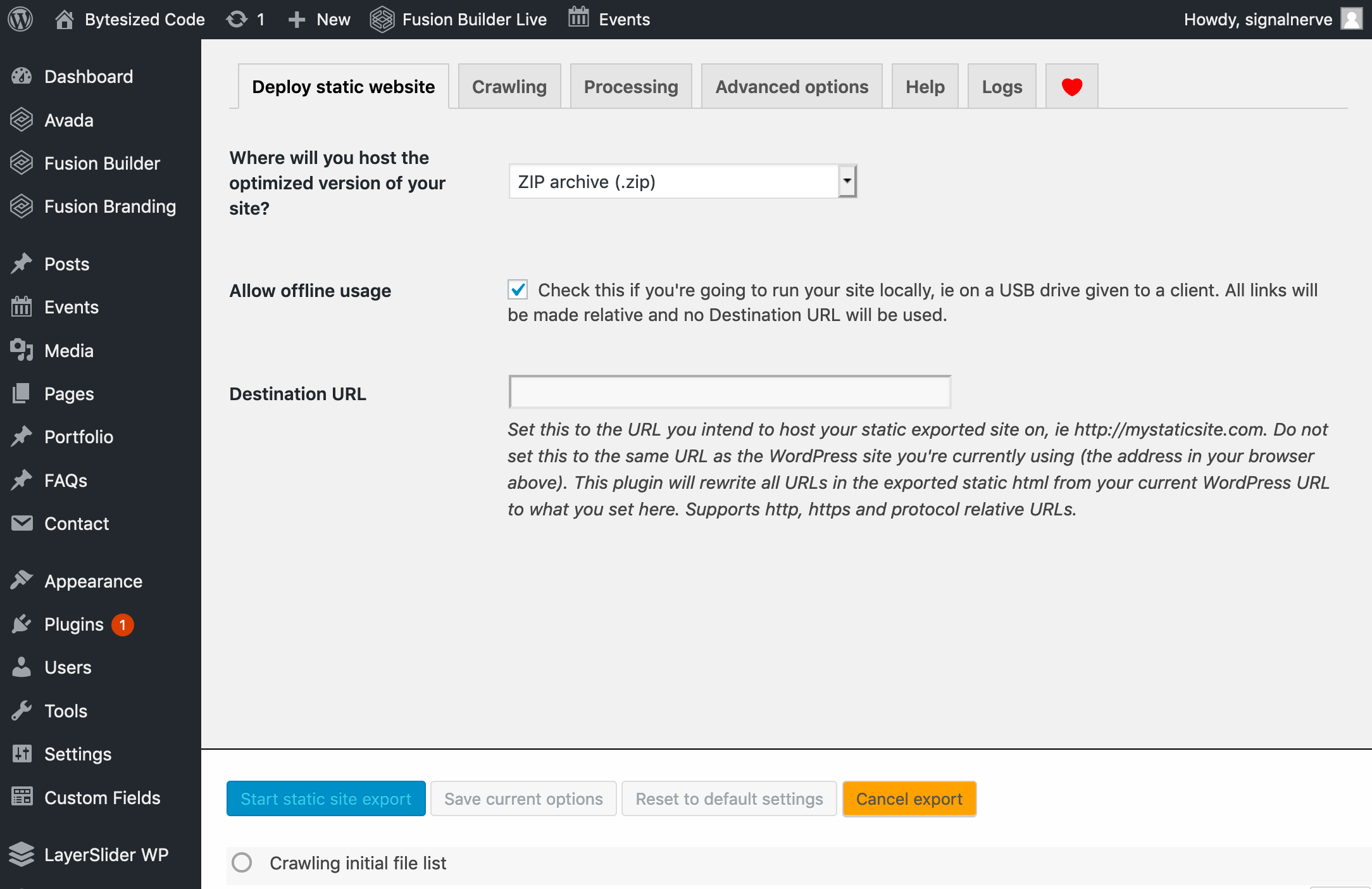 Exporting your WordPress site by selecting Start static site export in the WordPress dashboard